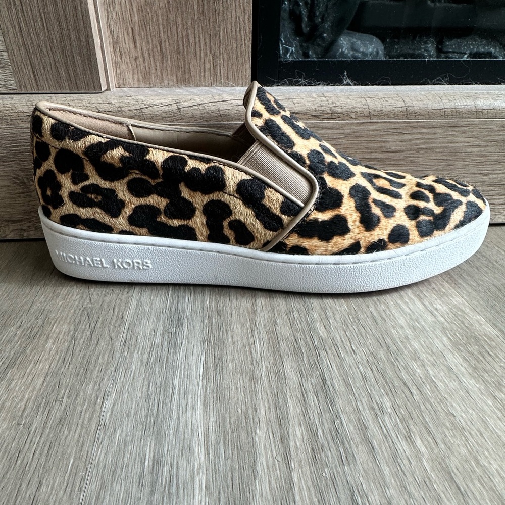 Michael Kors Leopard Print Slip-On Sneaker in Tan and Black with Red bottom